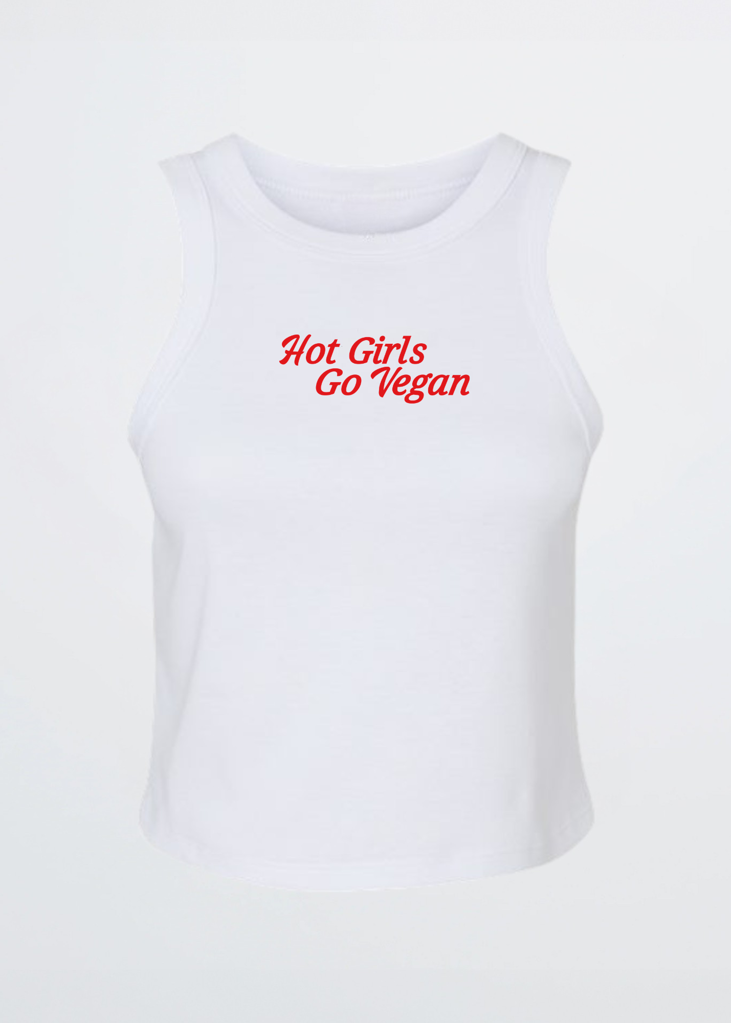 White tank top with 'Hot Girls Go Vegan' text on a white background